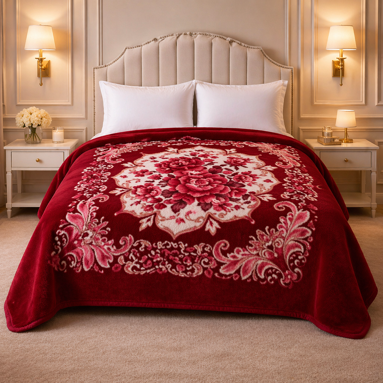 Florent Weave Double Bed 2 Ply Blanket in Poly Bag - Ruby Red Colour
