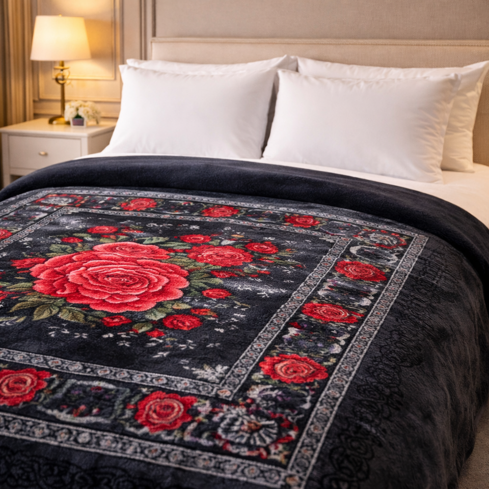 Florent Weave Double Bed 2 Ply Blanket in Poly Bag - Black Colour
