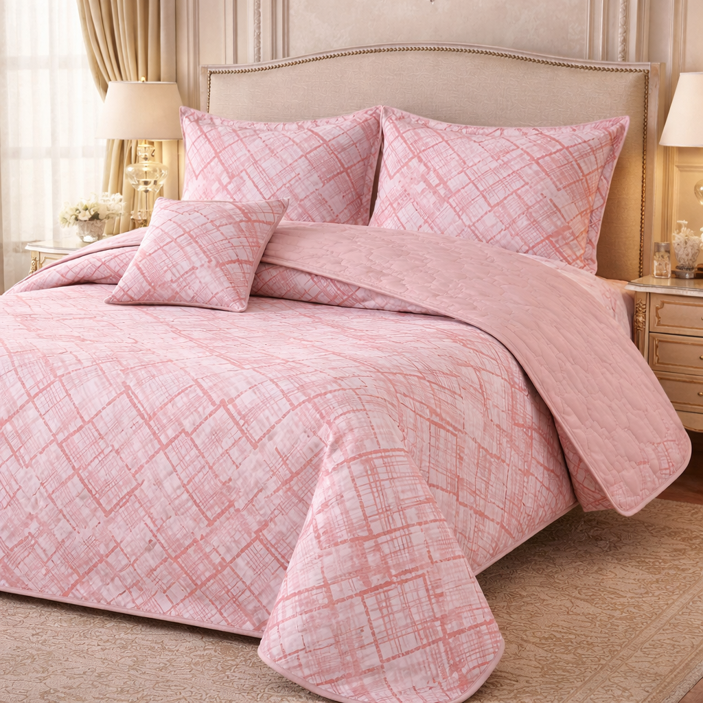 Gold Living Signature Quilted 5 Pcs Bed Spread Set Poly Bag - Pink Colour
