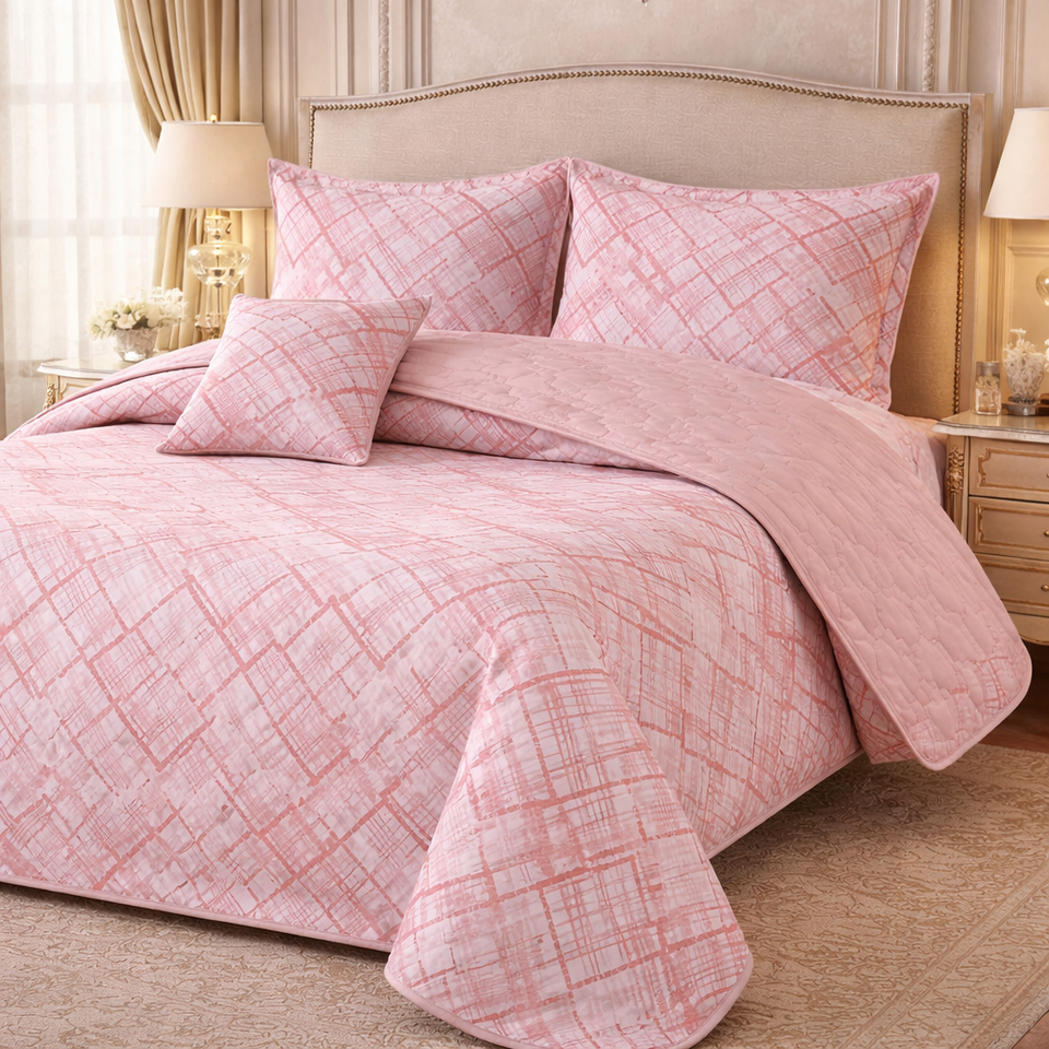 Gold Living Signature Quilted 5 Pcs Bed Spread Set Poly Bag - Pink Colour