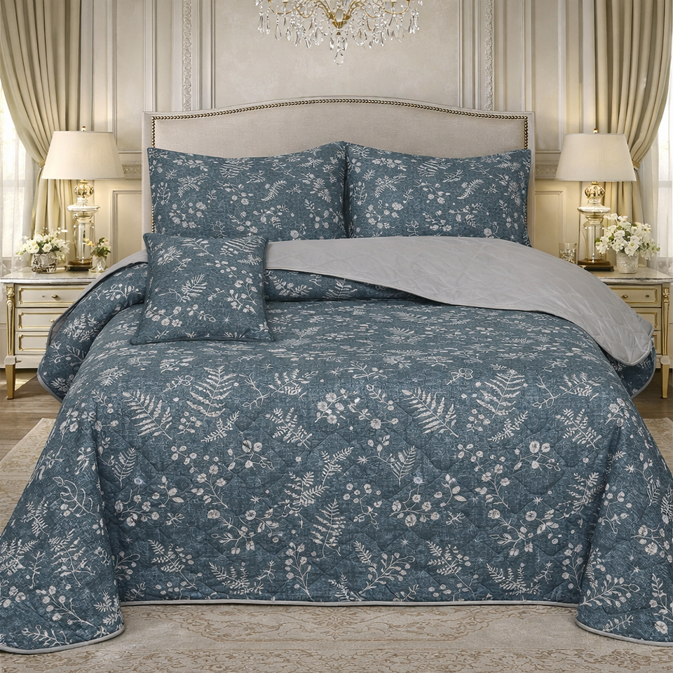 Gold Living Signature Quilted 5 Pcs Bed Spread Set Poly Bag - Slate Blue Colour