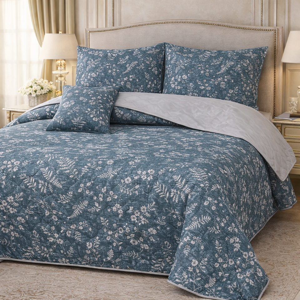 Gold Living Signature Quilted 5 Pcs Bed Spread Set Poly Bag - Slate Blue Colour