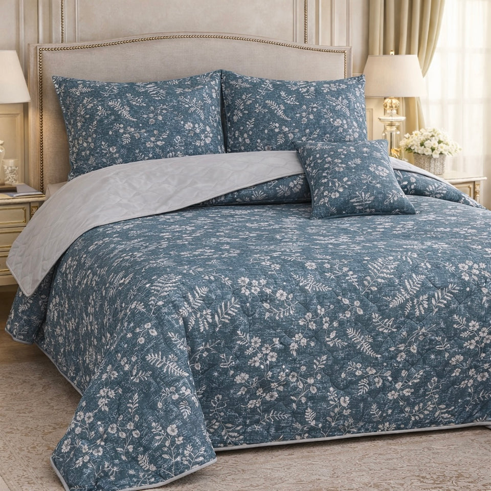 Gold Living Signature Quilted 5 Pcs Bed Spread Set Poly Bag - Slate Blue Colour