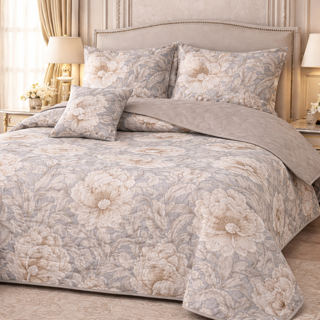 Gold Living Signature Quilted 5 Pcs Bed Spread Set Poly Bag - Gray Colour