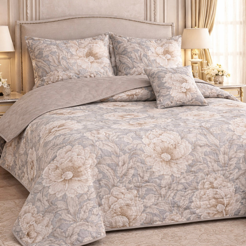 Gold Living Signature Quilted 5 Pcs Bed Spread Set Poly Bag - Gray Colour