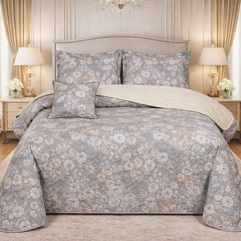 Gold Living Signature Quilted 5 Pcs Bed Spread Set Poly Bag - Light Gray Colour