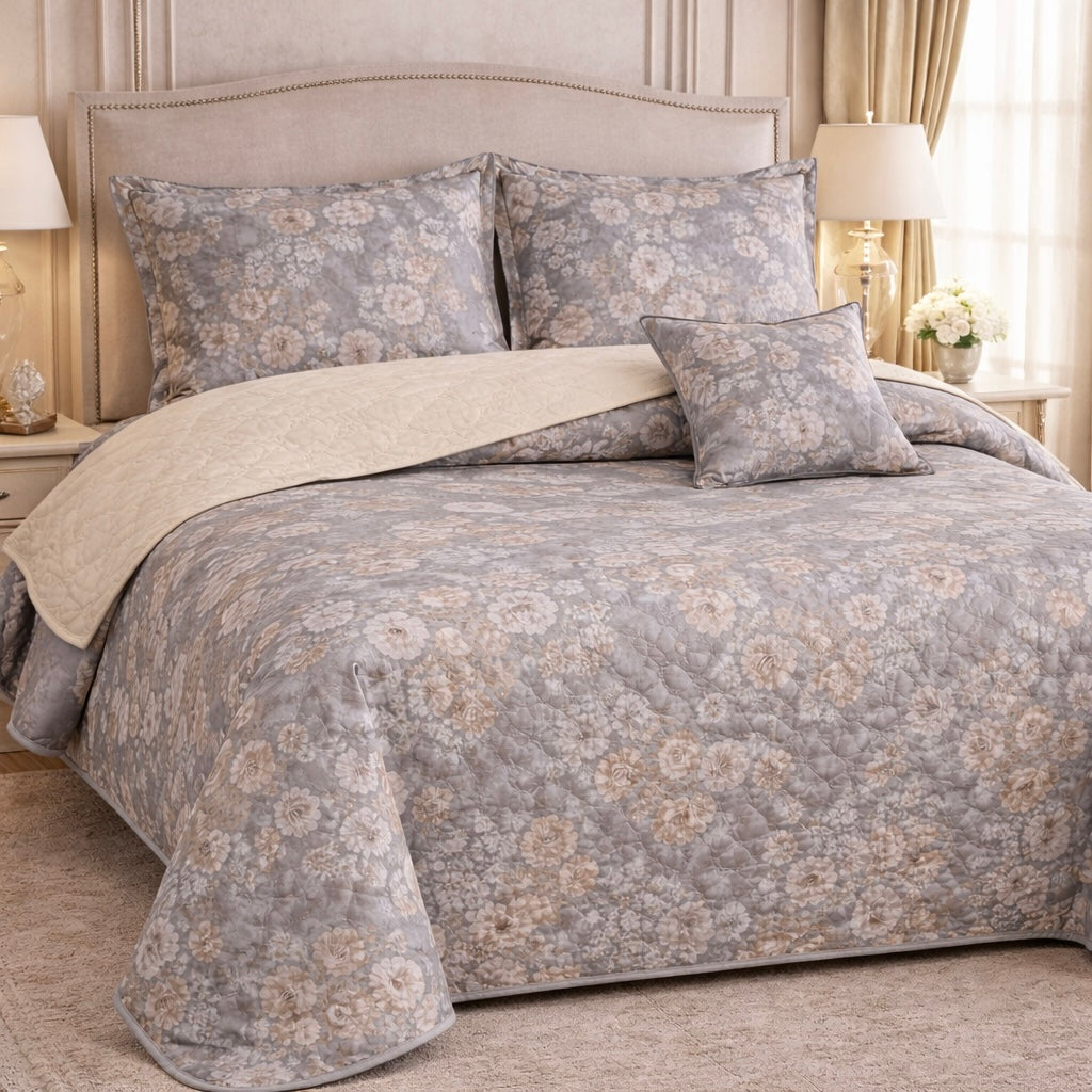 Gold Living Signature Quilted 5 Pcs Bed Spread Set Poly Bag - Light Gray Colour
