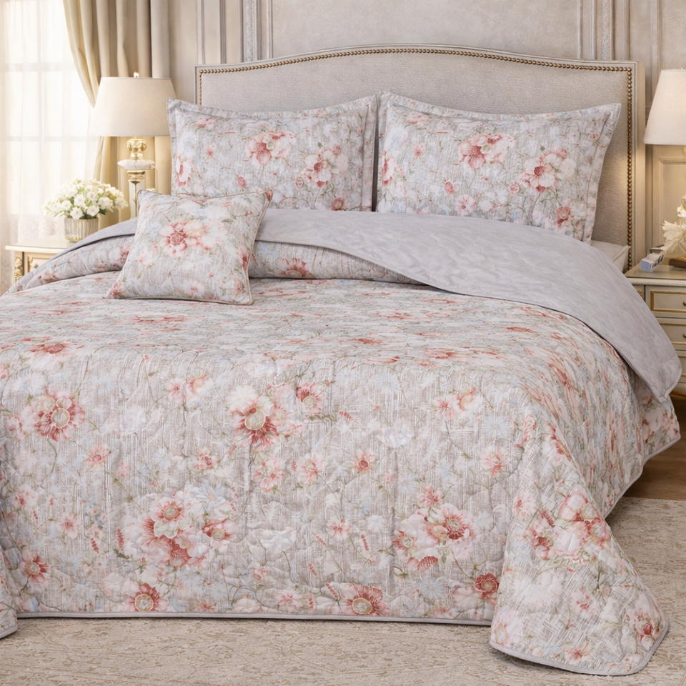 Gold Living Signature Quilted 5 Pcs Bed Spread Set Poly Bag - Silver Colour
