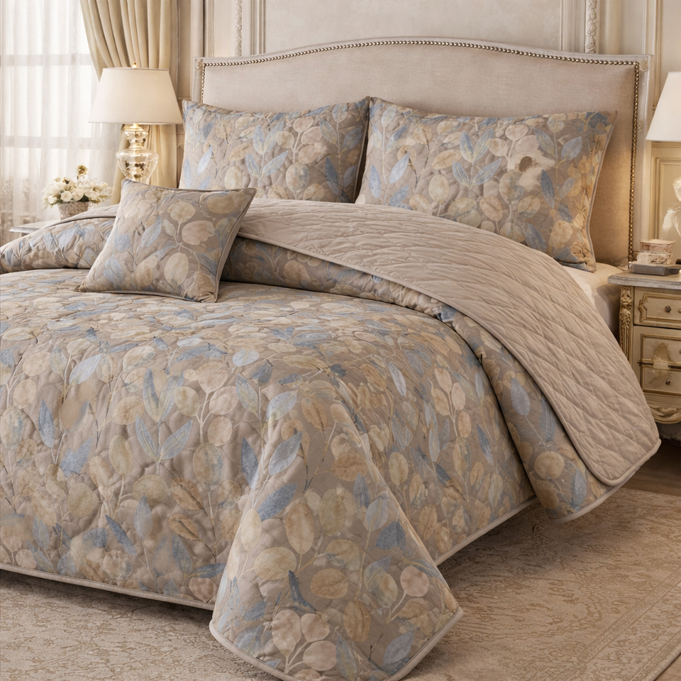 Gold Living Signature Quilted 5 Pcs Bed Spread Set Poly Bag - Beige Colour