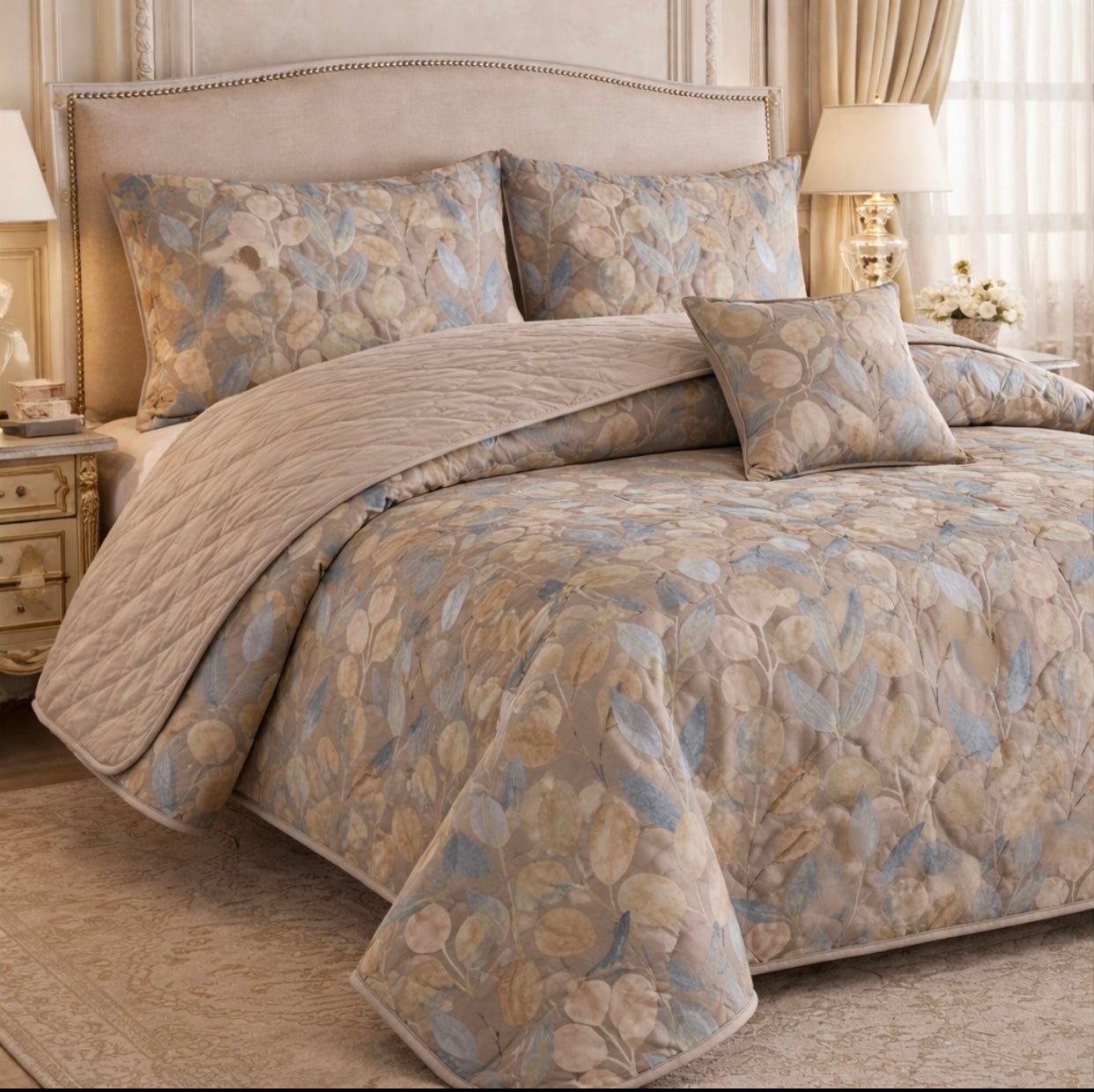 Gold Living Signature Quilted 5 Pcs Bed Spread Set Poly Bag - Beige Colour