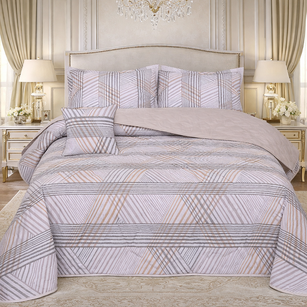 Gold Living Signature Quilted 5 Pcs Bed Spread Set Poly Bag - Light Gray Colour