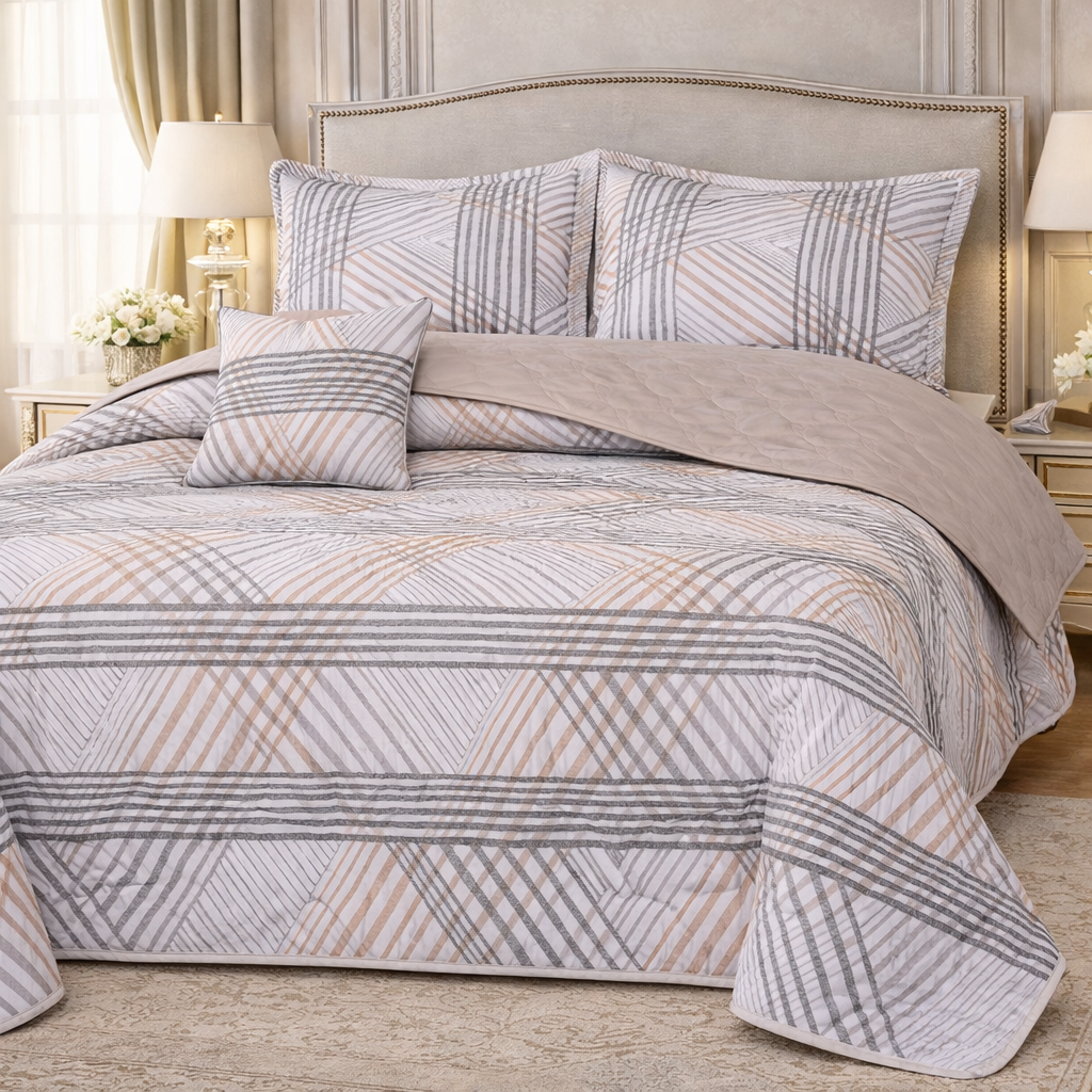 Gold Living Signature Quilted 5 Pcs Bed Spread Set Poly Bag - Light Gray Colour
