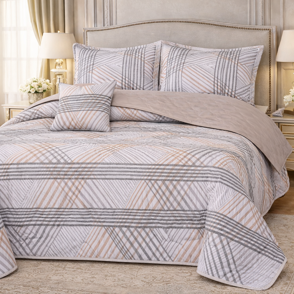 Gold Living Signature Quilted 5 Pcs Bed Spread Set Poly Bag - Light Gray Colour