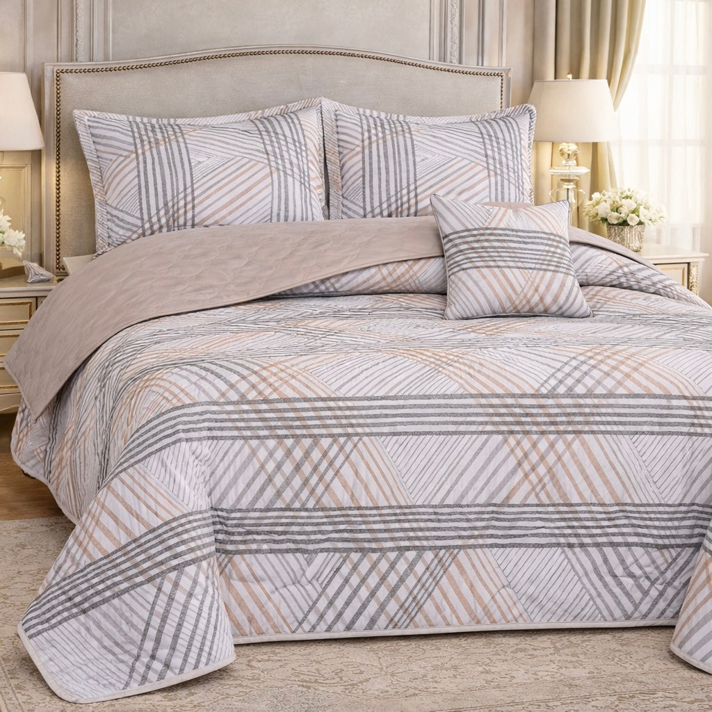 Gold Living Signature Quilted 5 Pcs Bed Spread Set Poly Bag - Light Gray Colour