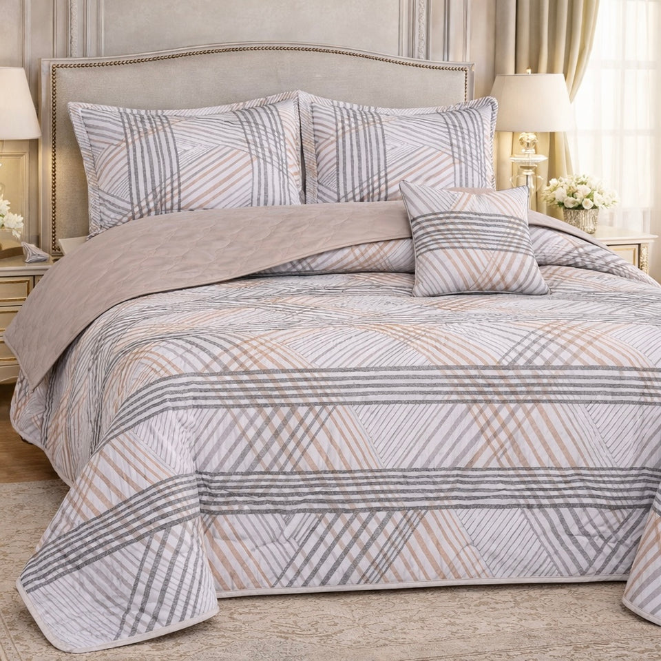 Gold Living Signature Quilted 5 Pcs Bed Spread Set Poly Bag - Light Gray Colour