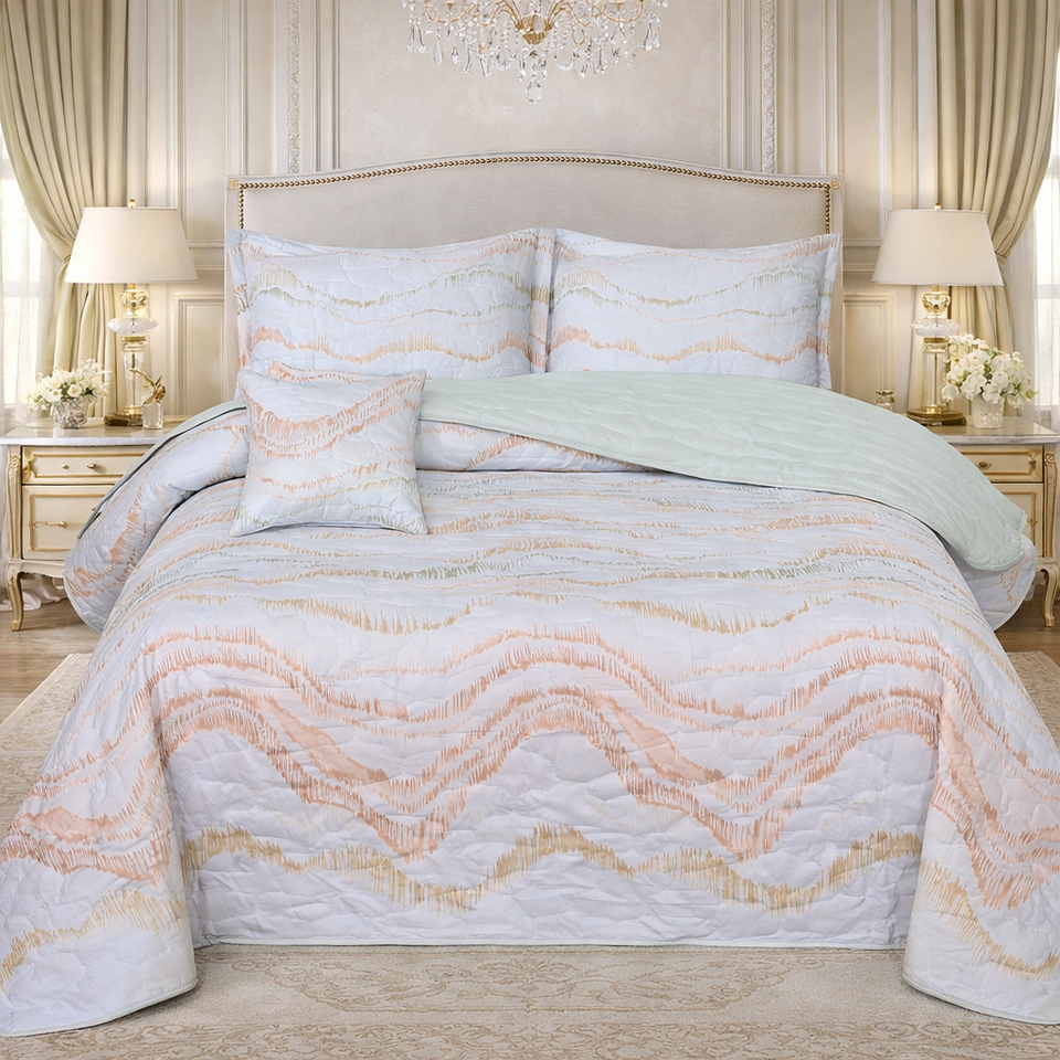Gold Living Signature Quilted 5 Pcs Bed Spread Set Poly Bag - Beige Colour