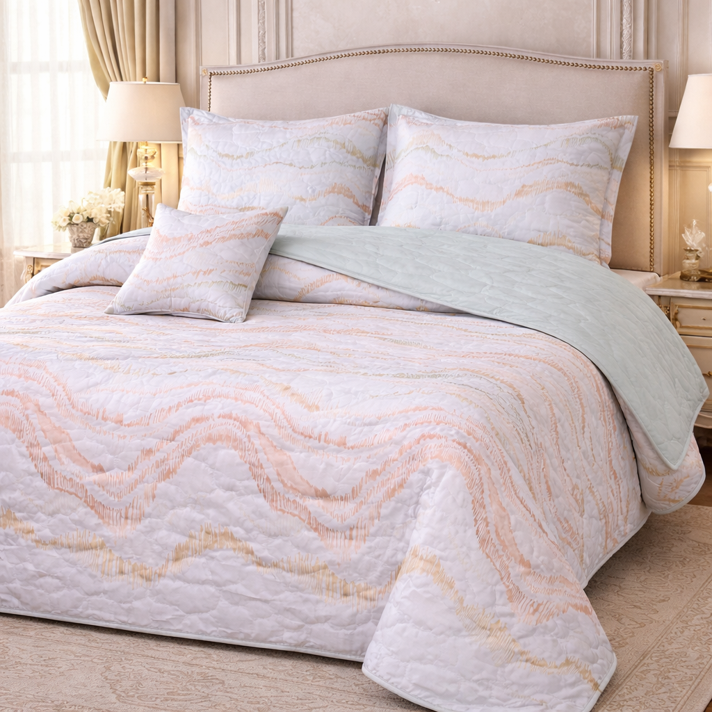 Gold Living Signature Quilted 5 Pcs Bed Spread Set Poly Bag - Beige Colour
