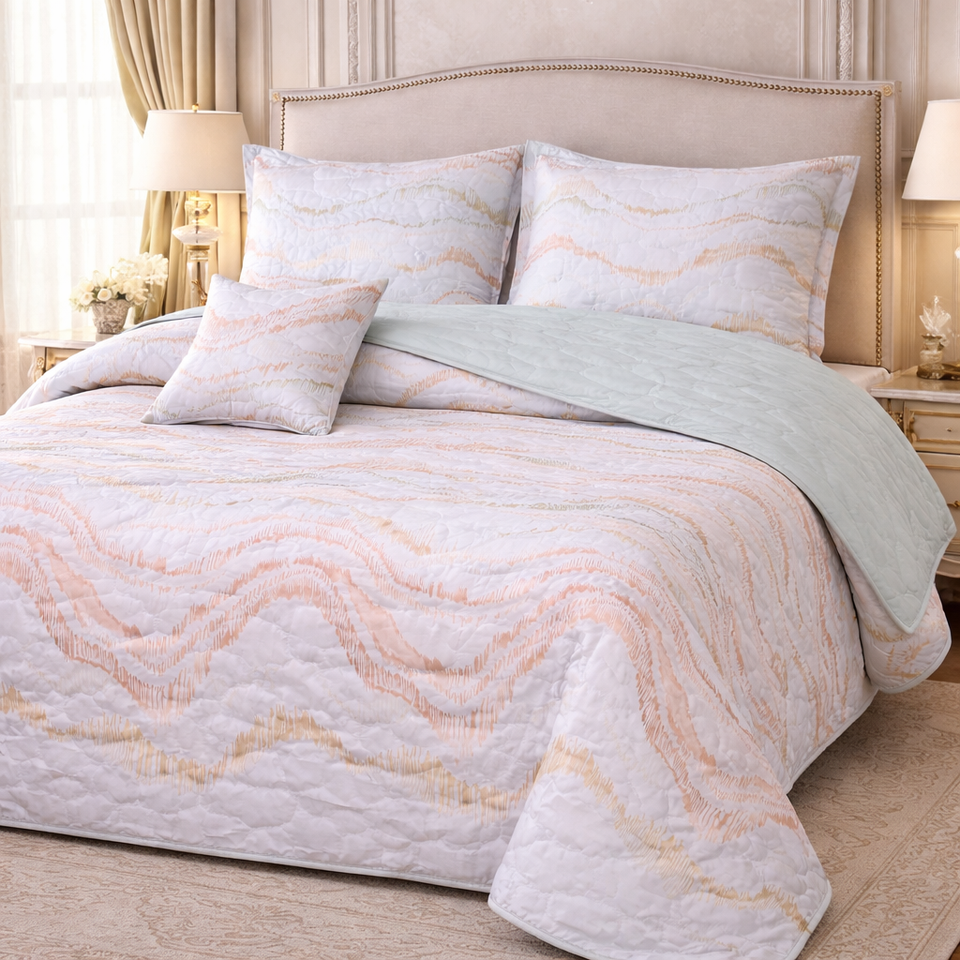 Gold Living Signature Quilted 5 Pcs Bed Spread Set Poly Bag - Beige Colour