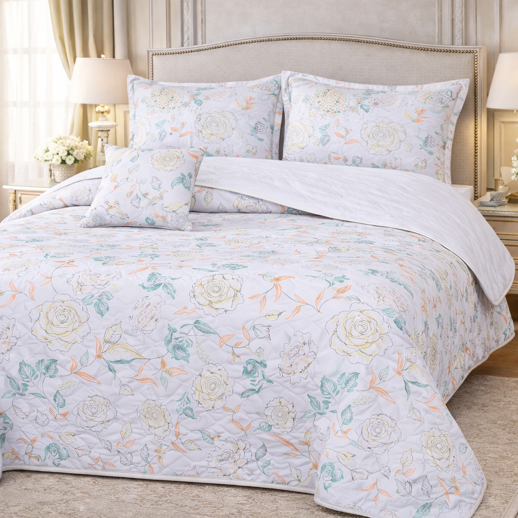 Gold Living Signature Quilted 5 Pcs Bed Spread Set Poly Bag - White Colour