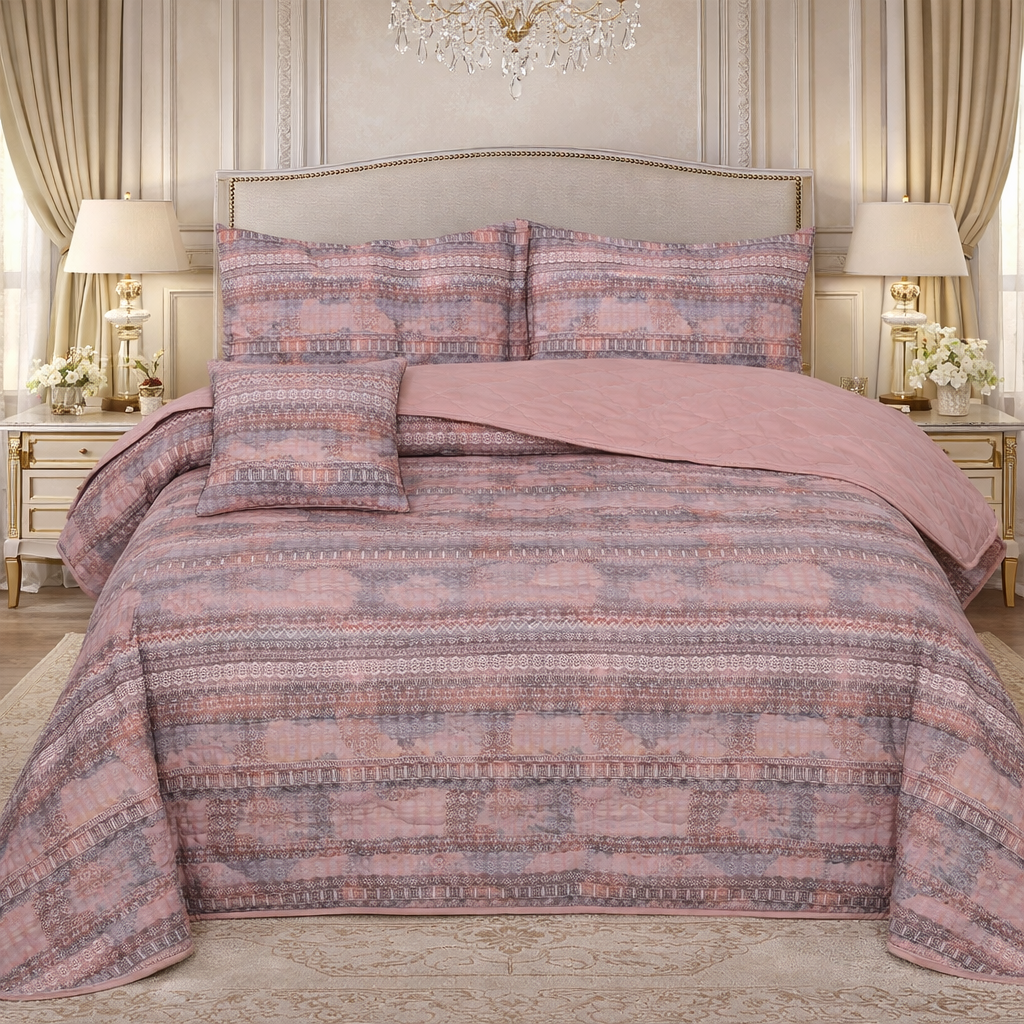 Gold Living Signature Quilted 5 Pcs Bed Spread Set Poly Bag - Light Pink Colour