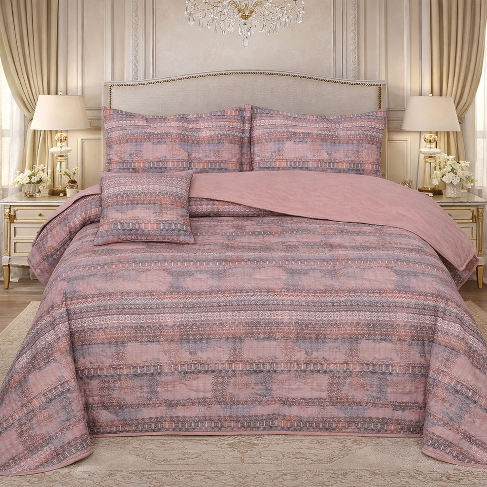Gold Living Signature Quilted 5 Pcs Bed Spread Set Poly Bag - Light Pink Colour