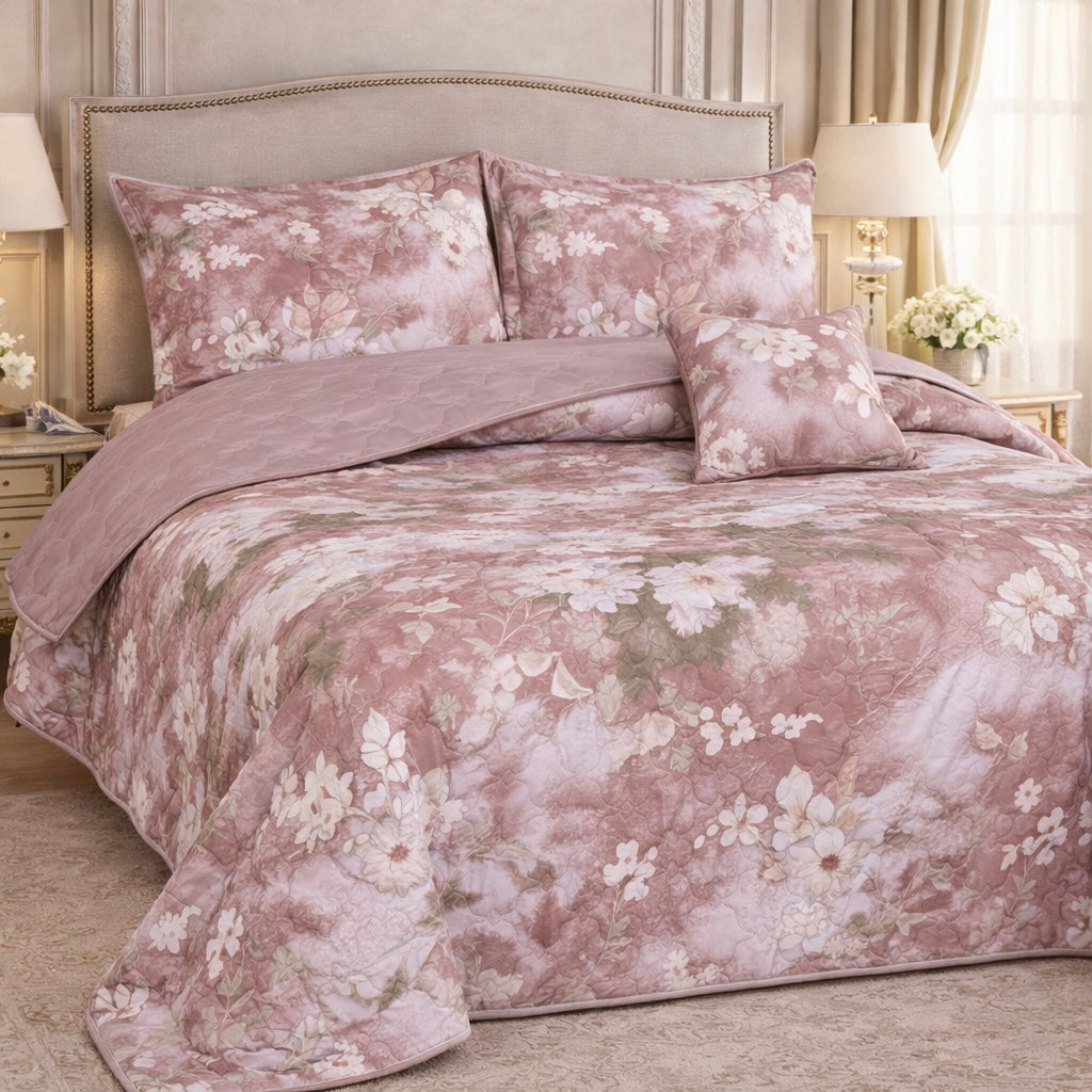 Gold Living Signature Quilted 5 Pcs Bed Spread Set Poly Bag - Pink Colour