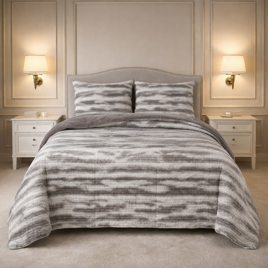 Levora Comfort Printed 4 Pcs Revers Fitted Comforter Set - Gray Colour 