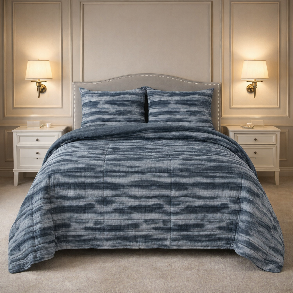 Levora Comfort Printed 4 Pcs Revers Fitted Comforter Set - Steel Blue Colour