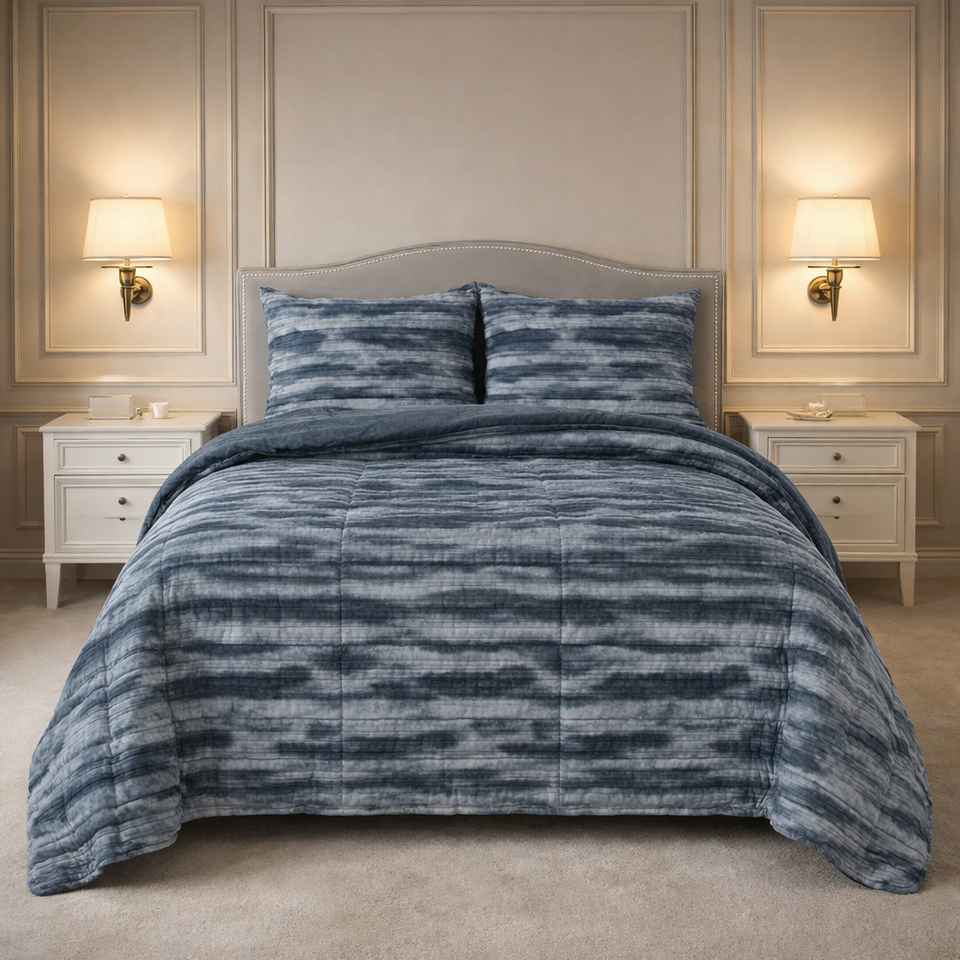 Levora Comfort Printed 4 Pcs Revers Fitted Comforter Set - Steel Blue Colour