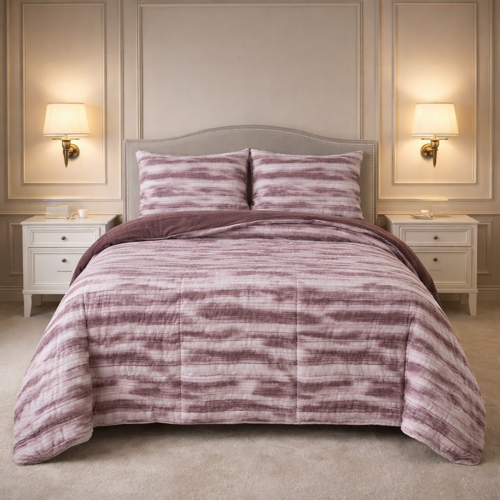 Levora Comfort Printed 4 Pcs Revers Fitted Comforter Set - Rich Plum Colour