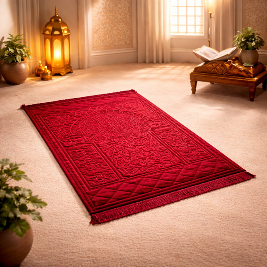 Qiswa Royale Embossed Prayer Mat - Red Colour 