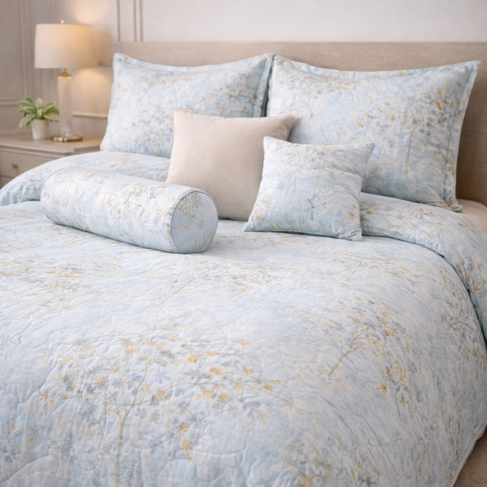Moon Soft Luxe Series 8 Pcs Quilted Bed Spread Set Poly Bag - Soft Sky Blue Colour