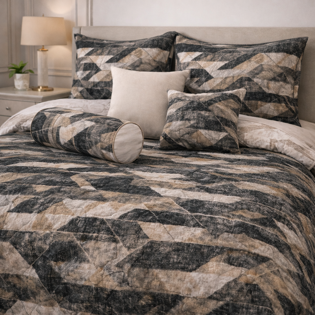 Moon Soft Luxe Series 8 Pcs Quilted Bed Spread Set Poly Bag - Charcoal Gray Colour