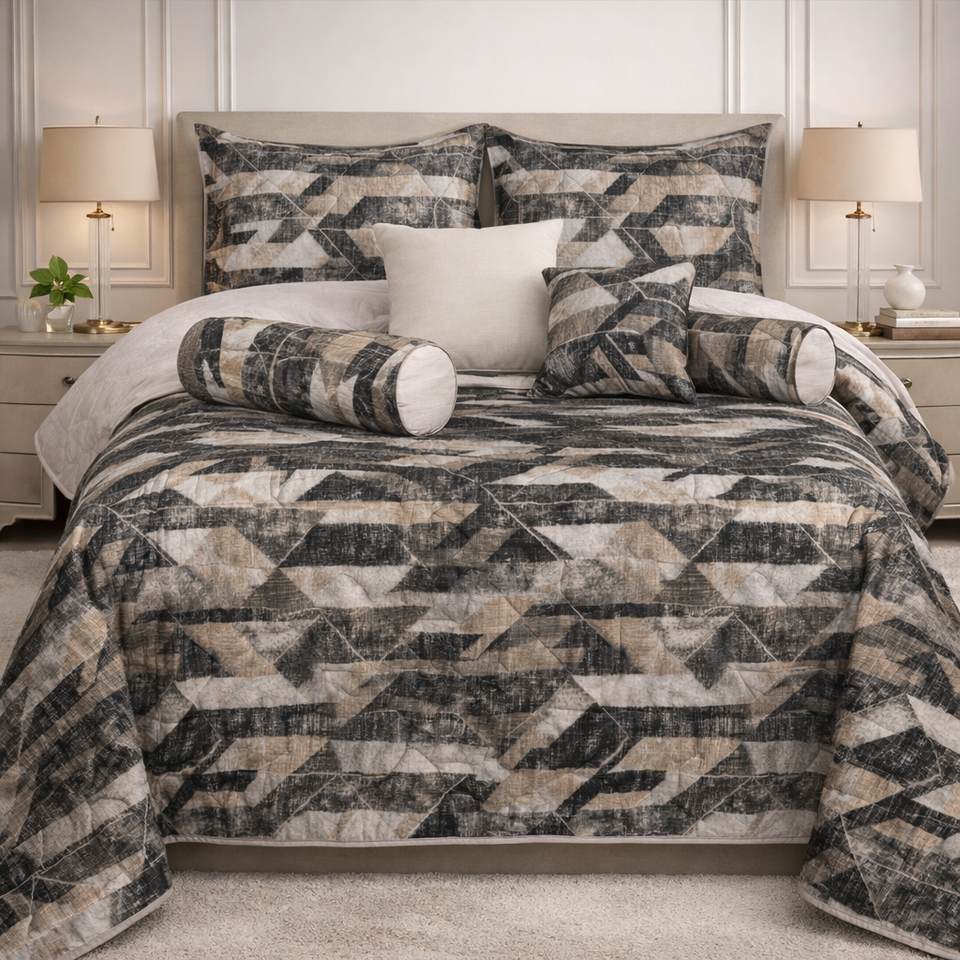 Moon Soft Luxe Series 8 Pcs Quilted Bed Spread Set Poly Bag - Charcoal Gray Colour