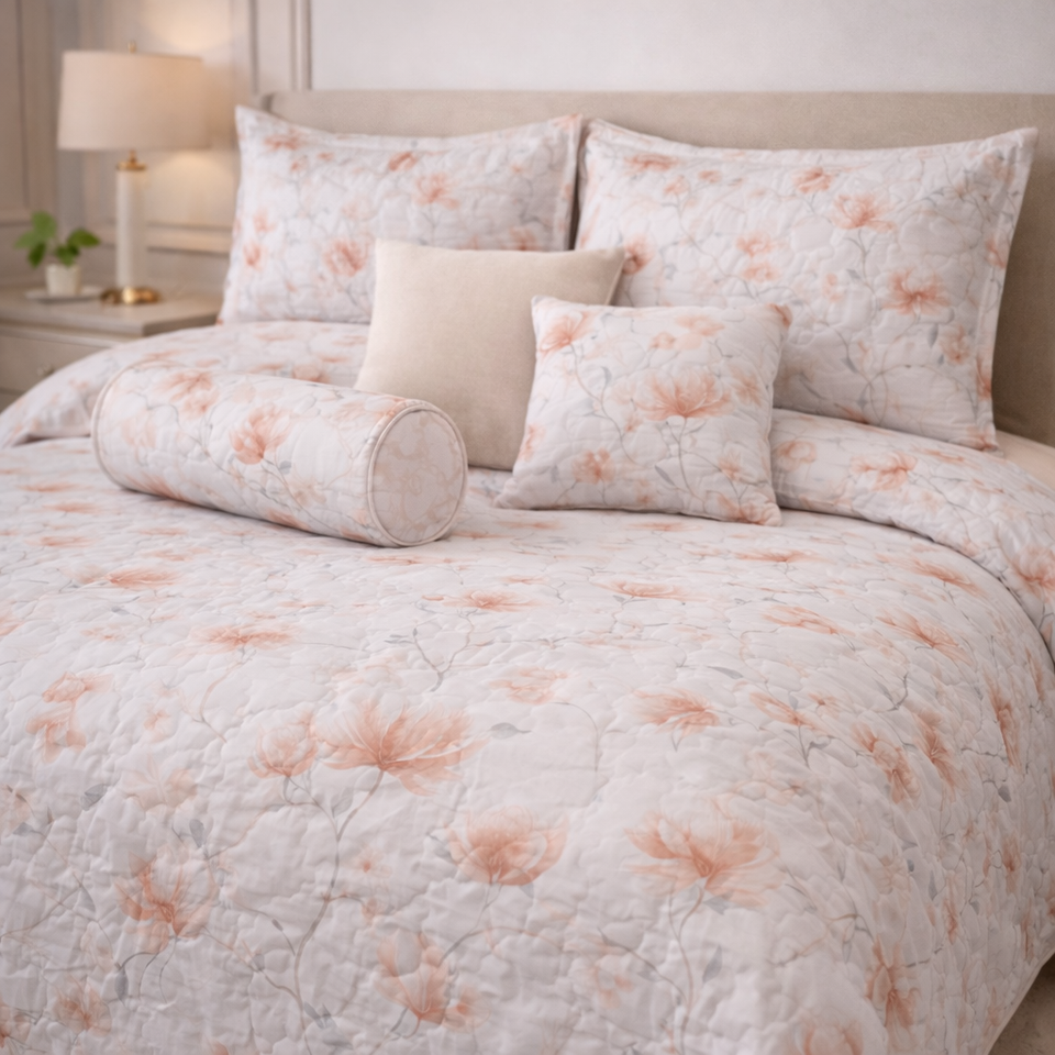 Moon Soft Luxe Series 8 Pcs Quilted Bed Spread Set Poly Bag - Salt & Pepper Colour