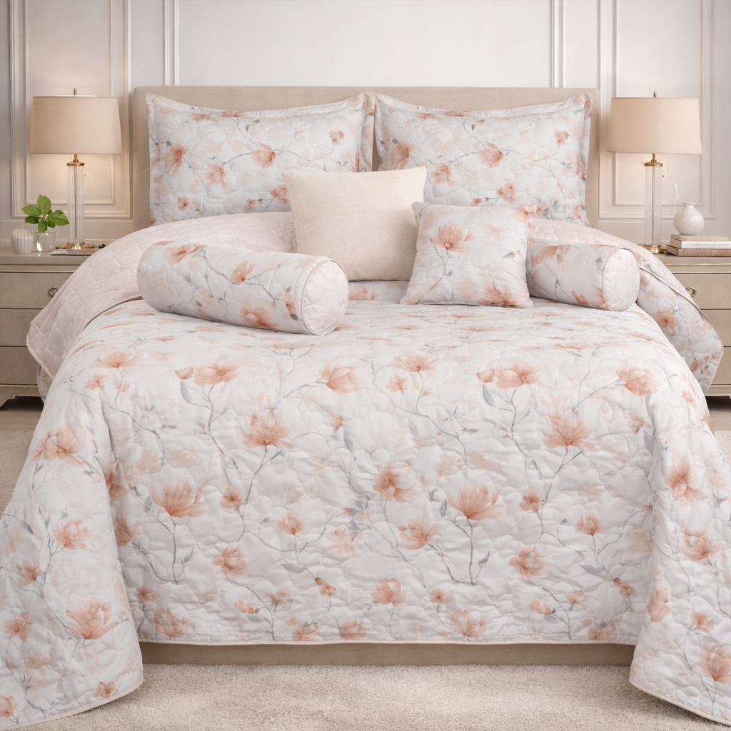 Moon Soft Luxe Series 8 Pcs Quilted Bed Spread Set Poly Bag - Salt & Pepper Colour