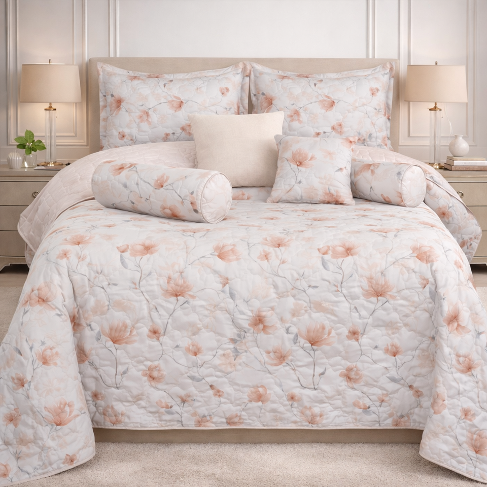 Moon Soft Luxe Series 8 Pcs Quilted Bed Spread Set Poly Bag - Salt & Pepper Colour