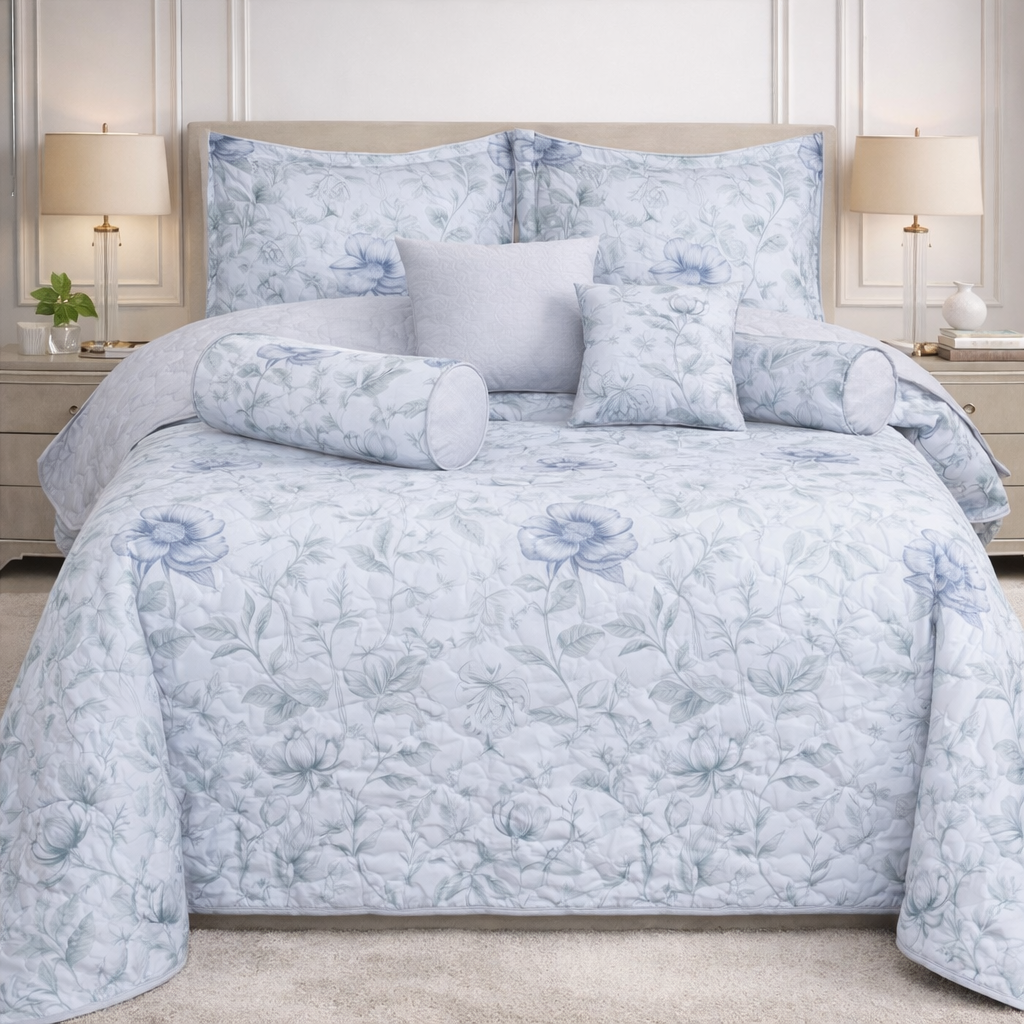 Moon Soft Luxe Series 8 Pcs Quilted Bed Spread Set Poly Bag - White Blue Colour