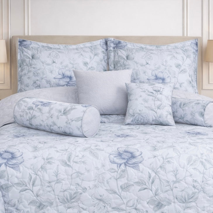 Moon Soft Luxe Series 8 Pcs Quilted Bed Spread Set Poly Bag - White Blue Colour