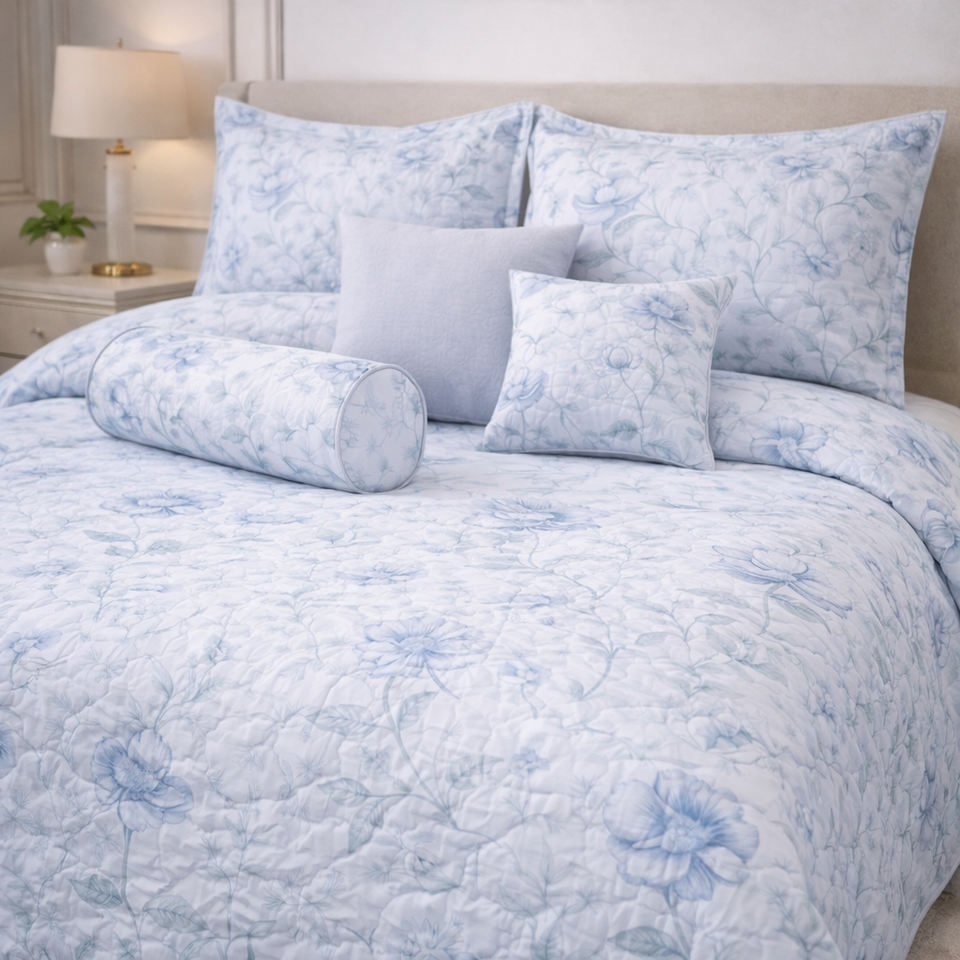 Moon Soft Luxe Series 8 Pcs Quilted Bed Spread Set Poly Bag - White Blue Colour