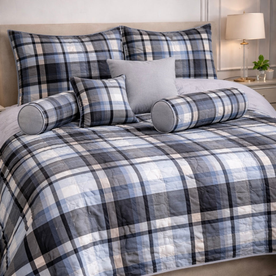 Moon Soft Luxe Series 8 Pcs Quilted Bed Spread Set Poly Bag - Blue Colour