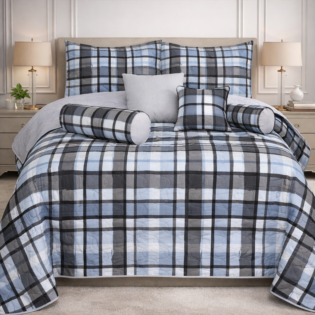Moon Soft Luxe Series 8 Pcs Quilted Bed Spread Set Poly Bag - Blue Colour