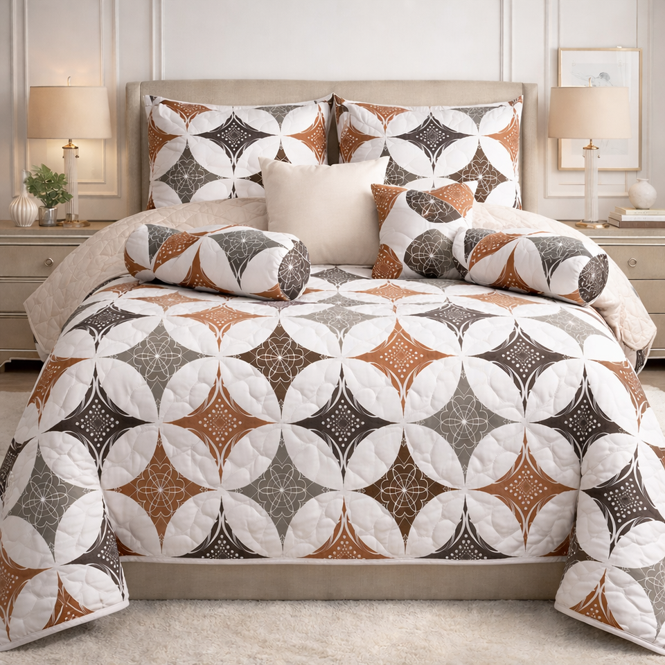 Moon Soft Luxe Series 8 Pcs Quilted Bed Spread Set Poly Bag - White Colour