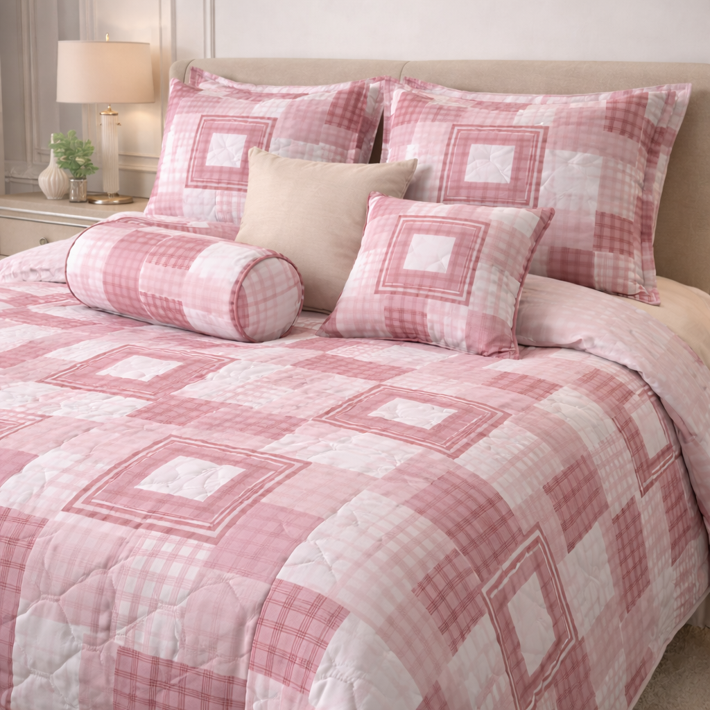 Moon Soft Luxe Series 8 Pcs Quilted Bed Spread Set Poly Bag - Pink Colour