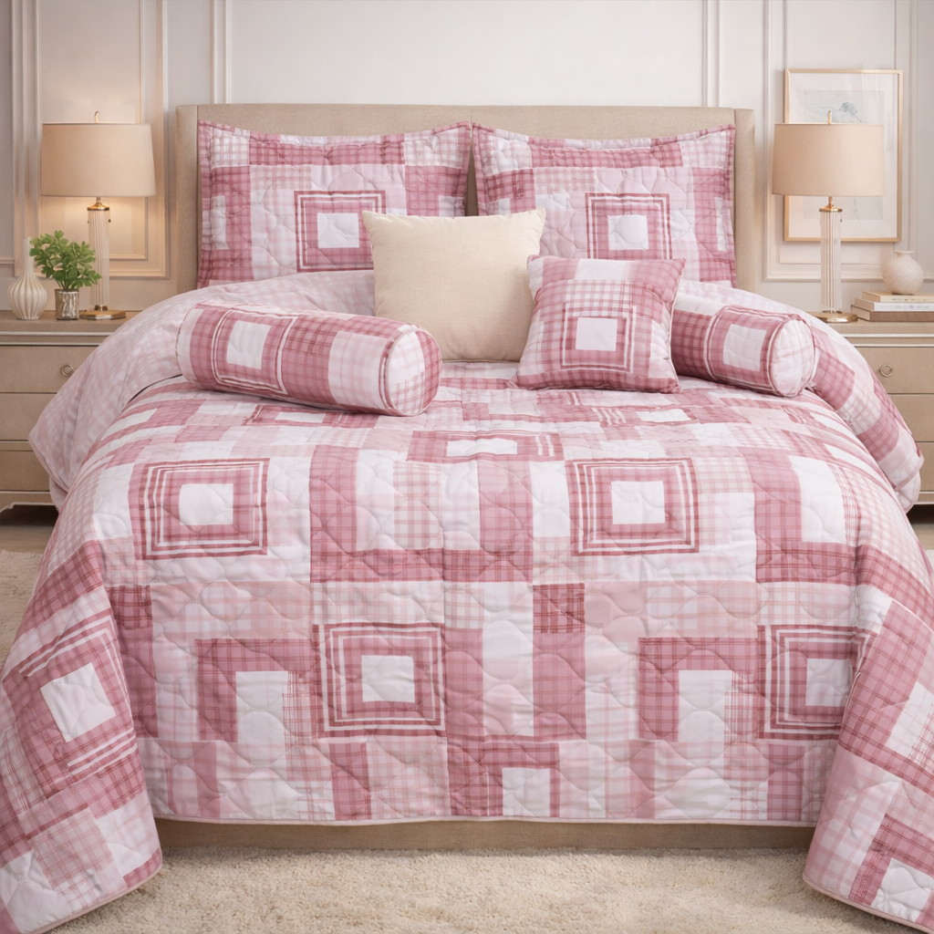 Moon Soft Luxe Series 8 Pcs Quilted Bed Spread Set Poly Bag - Pink Colour
