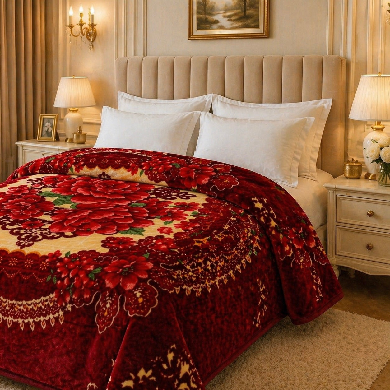 Regalia Crest Double Bed Blanket 2 Ply - Maroon Colour