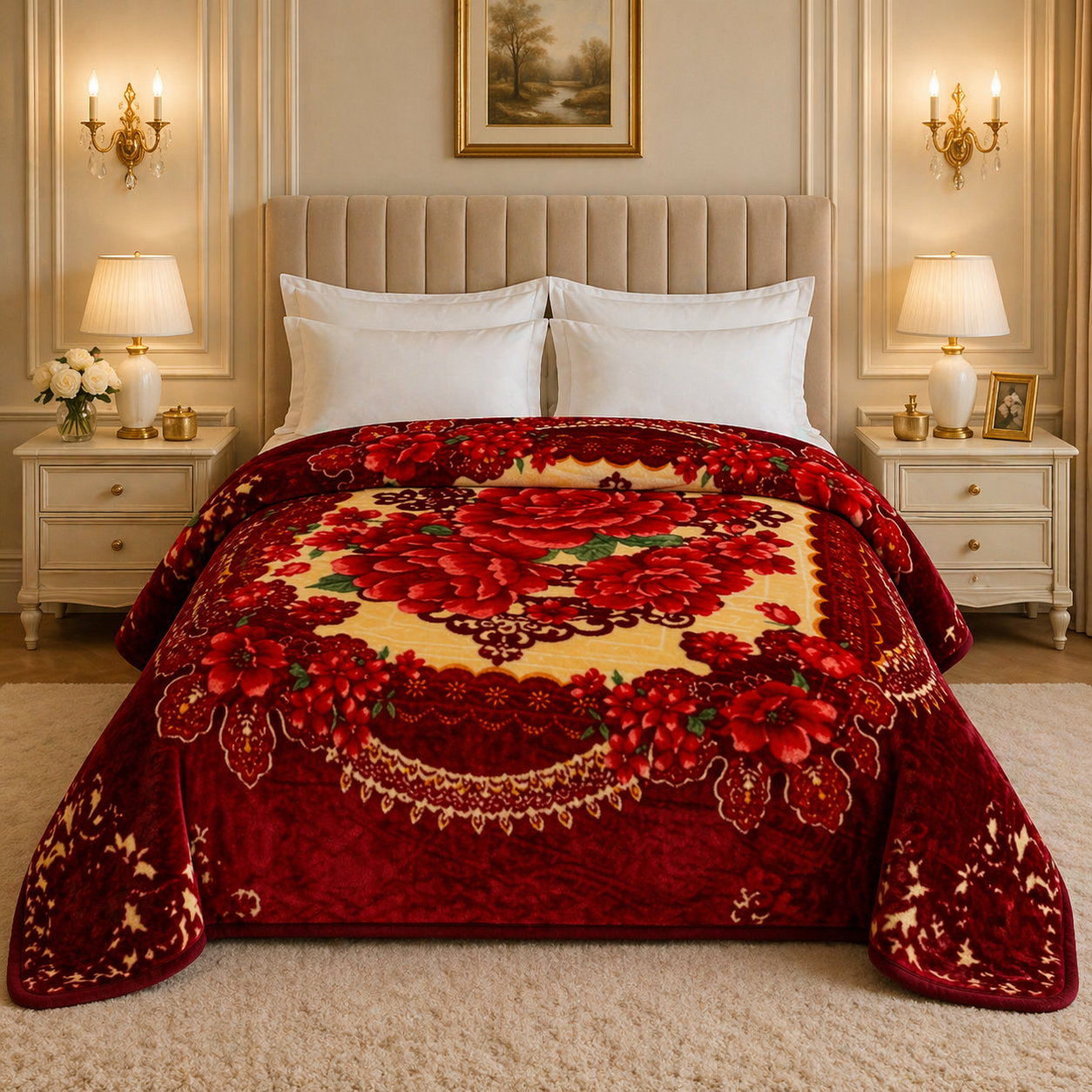 Regalia Crest Double Bed Blanket 2 Ply - Maroon Colour