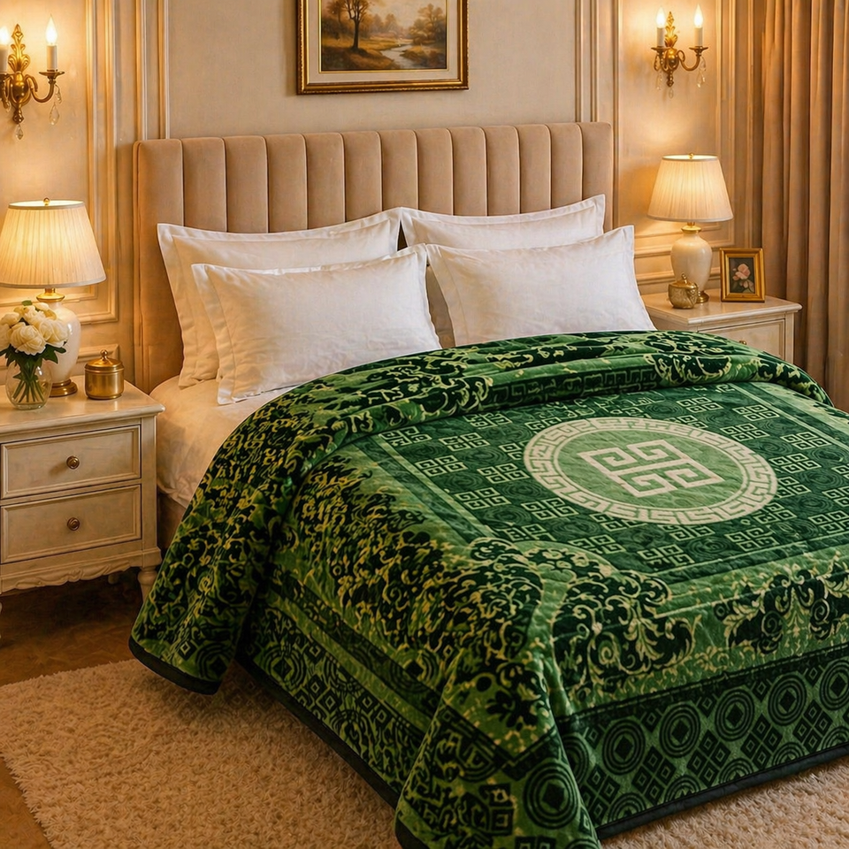 Regalia Crest Double Bed Blanket 2 Ply - Green Colour