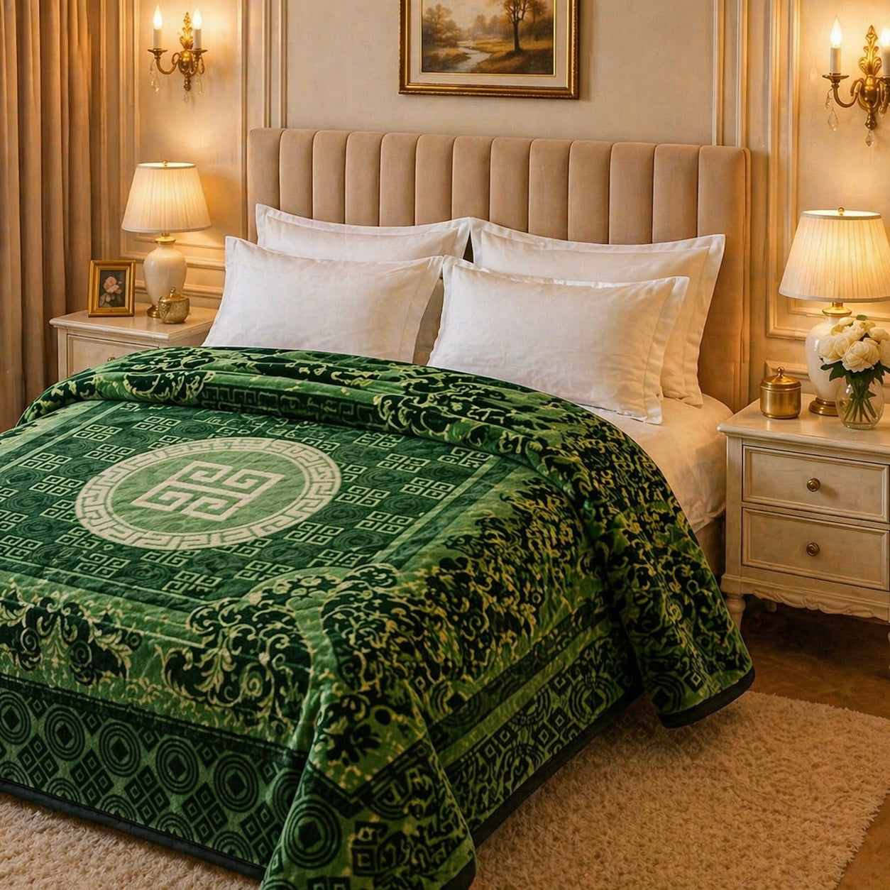 Regalia Crest Double Bed Blanket 2 Ply - Green Colour