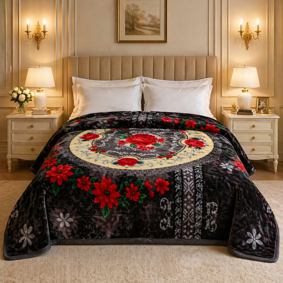 Regalia Crest Double Bed Blanket 2 Ply - Midnight Damask Colour